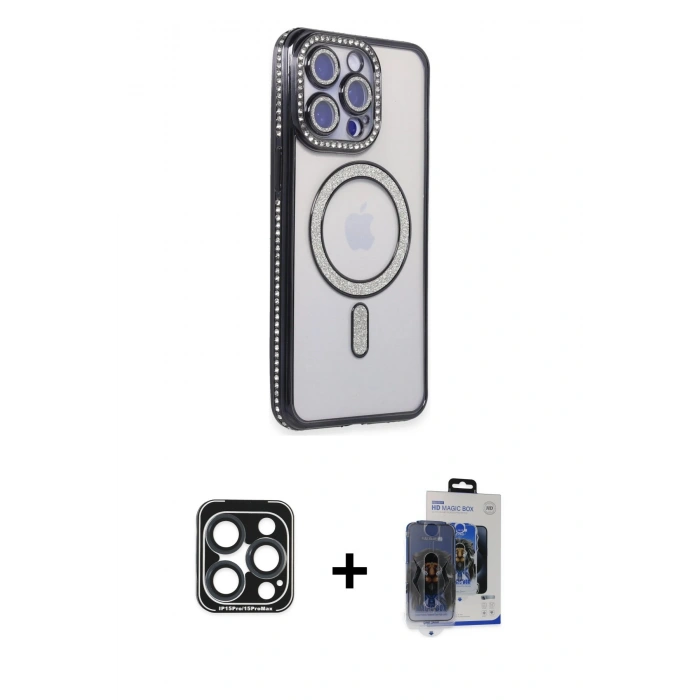 MARSİLYAN™- iPhone 15 Pro Max Kılıf Zirve Doku Prime - Siyah Vanessa Magic Cam + Lacivert PVD Metal Kamera Lens