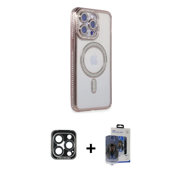 MARSİLYAN™- iPhone 15 Pro Max Kılıf Zirve Doku Prime - Siyah Vanessa Magic Cam + Lacivert PVD Metal Kamera Lens