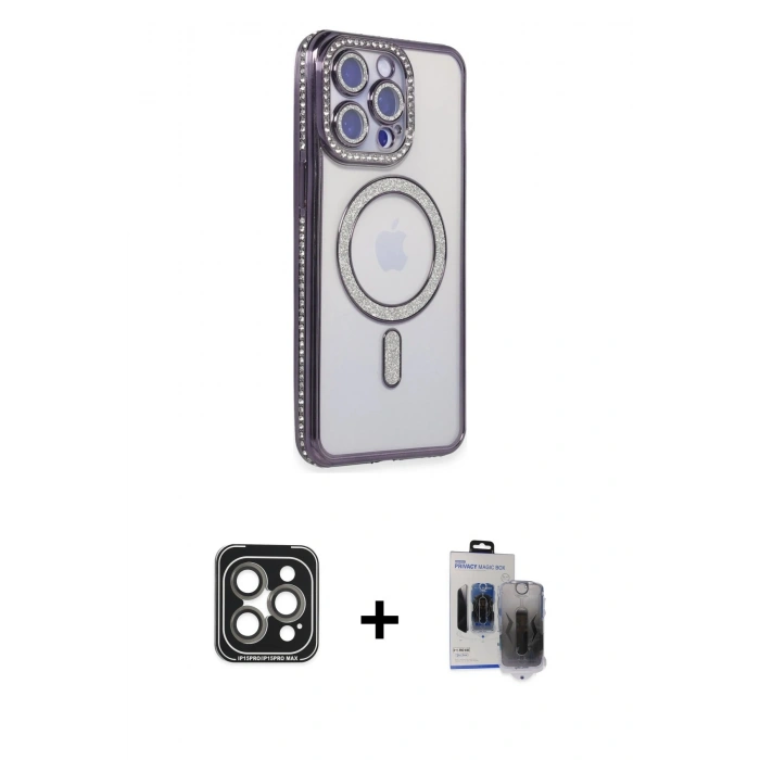 MARSİLYAN™- iPhone 15 Pro Max Kılıf Zirve Doku Prime - Siyah Vanessa Magic Hayalet Cam + PVD Metal Kamera Lens - GI