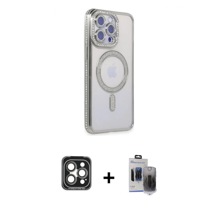 MARSİLYAN™- iPhone 15 Pro Max Kılıf Zirve Doku Prime - Siyah Vanessa Magic Hayalet Cam + PVD Metal Kamera Lens - GI