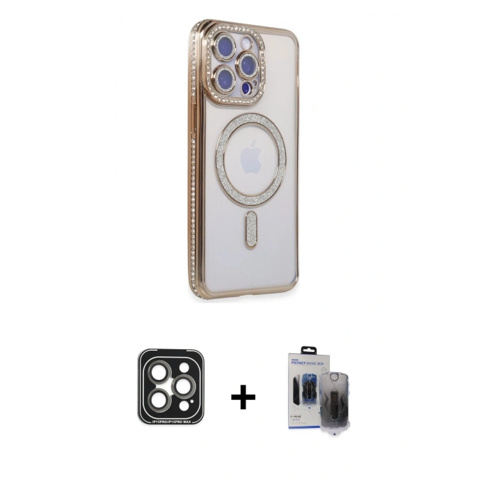 MARSİLYAN™- iPhone 15 Pro Max Kılıf Zirve Doku Prime - Siyah Vanessa Magic Hayalet Cam + PVD Metal Kamera Lens - GI