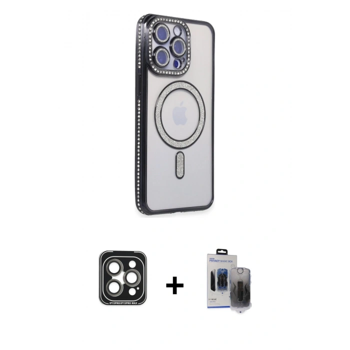 MARSİLYAN™- iPhone 15 Pro Max Kılıf Zirve Doku Prime - Siyah Vanessa Magic Hayalet Cam + PVD Metal Kamera Lens - GI