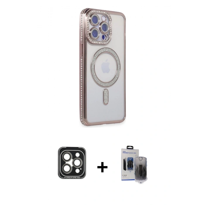 MARSİLYAN™- iPhone 15 Pro Max Kılıf Zirve Doku Prime - Siyah Vanessa Magic Hayalet Cam + PVD Metal Kamera Lens - GI