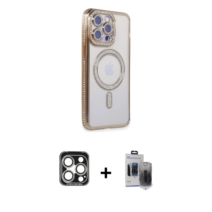 MARSİLYAN™- iPhone 15 Pro Max Kılıf Zirve Doku Prime - Siyah Vanessa Magic Hayalet Cam + PVD Metal Kamera Lens - GS