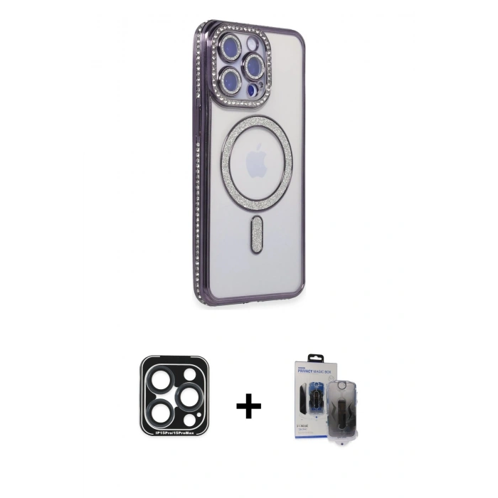MARSİLYAN™- iPhone 15 Pro Max Kılıf Zirve Doku Prime - Siyah Vanessa Magic Hayalet Cam + PVD Metal Kamera Lens - LT