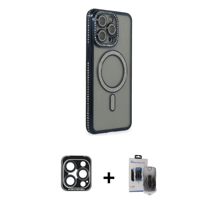 MARSİLYAN™- iPhone 15 Pro Max Kılıf Zirve Doku Prime - Siyah Vanessa Magic Hayalet Cam + PVD Metal Kamera Lens - LT