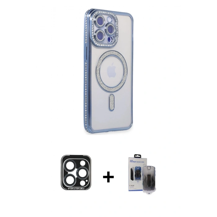 MARSİLYAN™- iPhone 15 Pro Max Kılıf Zirve Doku Prime - Siyah Vanessa Magic Hayalet Cam + PVD Metal Kamera Lens - LT