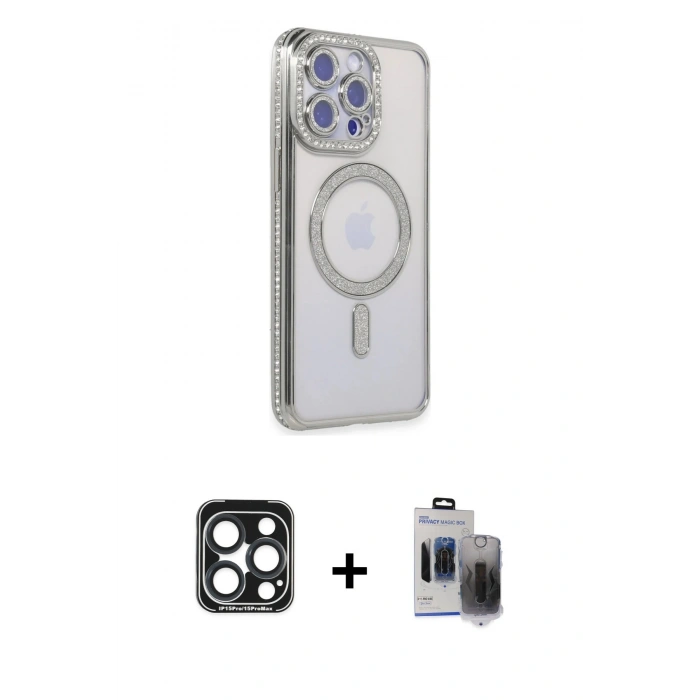 MARSİLYAN™- iPhone 15 Pro Max Kılıf Zirve Doku Prime - Siyah Vanessa Magic Hayalet Cam + PVD Metal Kamera Lens - LT