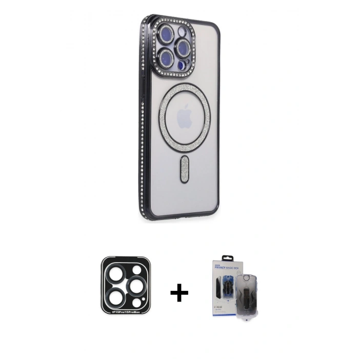 MARSİLYAN™- iPhone 15 Pro Max Kılıf Zirve Doku Prime - Siyah Vanessa Magic Hayalet Cam + PVD Metal Kamera Lens - LT