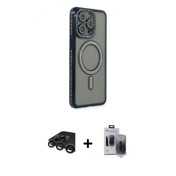 MARSİLYAN™- iPhone 15 Pro Max Kılıf Zirve Doku Prime - Siyah Vanessa Magic Hayalet Cam + Raze Metal Kamera Lens - TMGI
