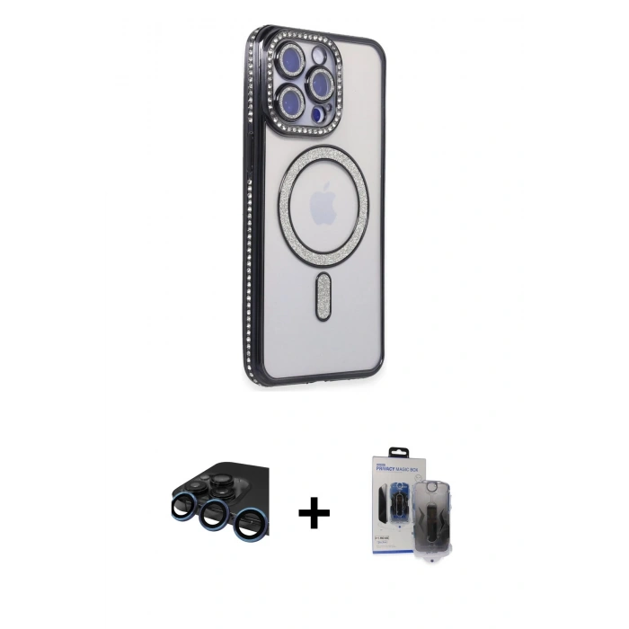 MARSİLYAN™- iPhone 15 Pro Max Kılıf Zirve Doku Prime - Siyah Vanessa Magic Hayalet Cam + Raze Metal Kamera Lens - LT