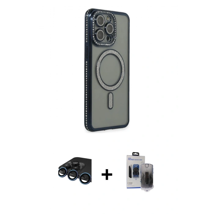 MARSİLYAN™- iPhone 15 Pro Max Kılıf Zirve Doku Prime - Siyah Vanessa Magic Hayalet Cam + Raze Metal Kamera Lens - LT