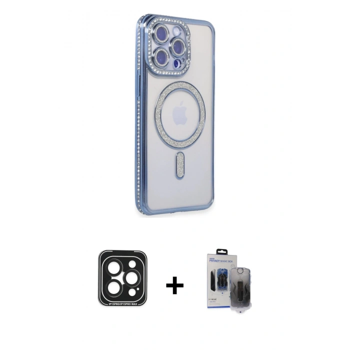 MARSİLYAN™- iPhone 15 Pro Max Kılıf Zirve Doku Prime - Siyah Vanessa Magic Hayalet Cam + PVD Metal Kamera Lens - SH