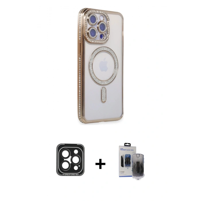MARSİLYAN™- iPhone 15 Pro Max Kılıf Zirve Doku Prime - Siyah Vanessa Magic Hayalet Cam + PVD Metal Kamera Lens - SH