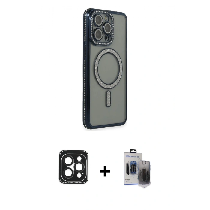 MARSİLYAN™- iPhone 15 Pro Max Kılıf Zirve Doku Prime - Siyah Vanessa Magic Hayalet Cam + PVD Metal Kamera Lens - SH