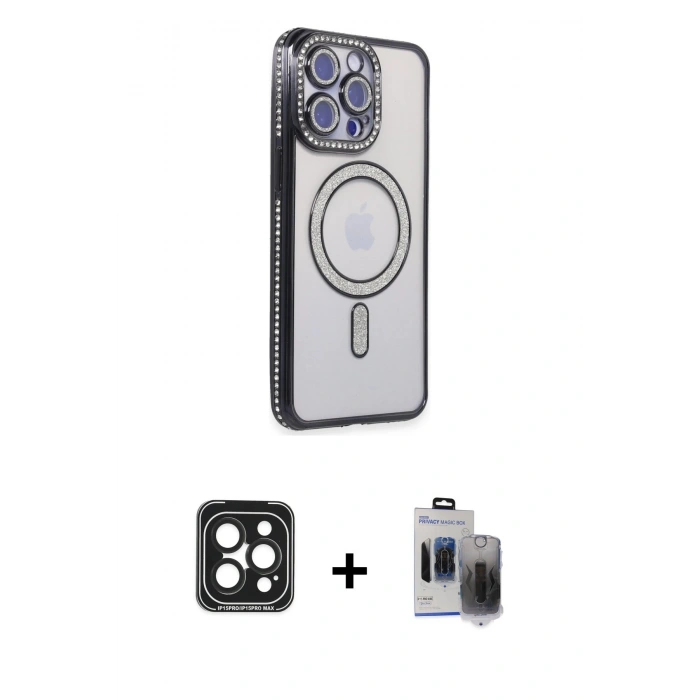 MARSİLYAN™- iPhone 15 Pro Max Kılıf Zirve Doku Prime - Siyah Vanessa Magic Hayalet Cam + PVD Metal Kamera Lens - SH