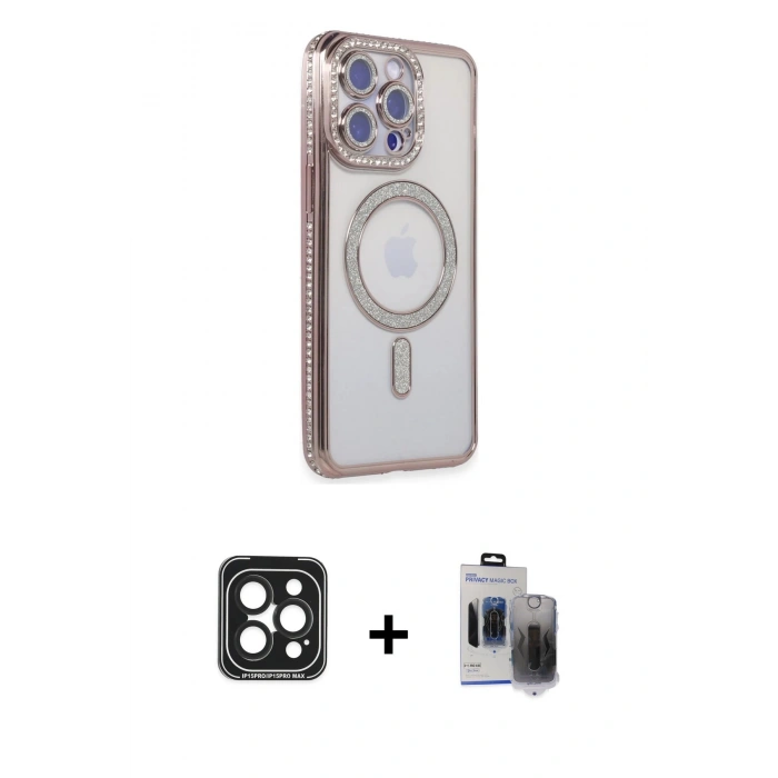 MARSİLYAN™- iPhone 15 Pro Max Kılıf Zirve Doku Prime - Siyah Vanessa Magic Hayalet Cam + PVD Metal Kamera Lens - SH