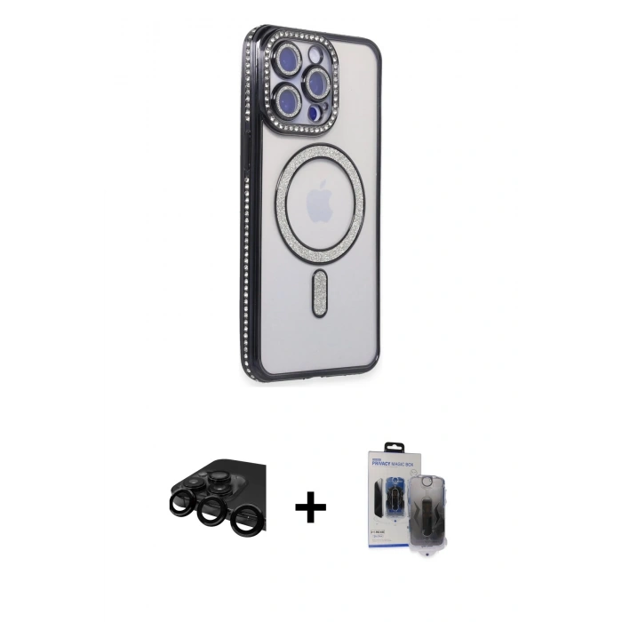 MARSİLYAN™- iPhone 15 Pro Max Kılıf Zirve Doku Prime - Siyah Vanessa Magic Hayalet Cam + Raze Metal Kamera Lens - SH