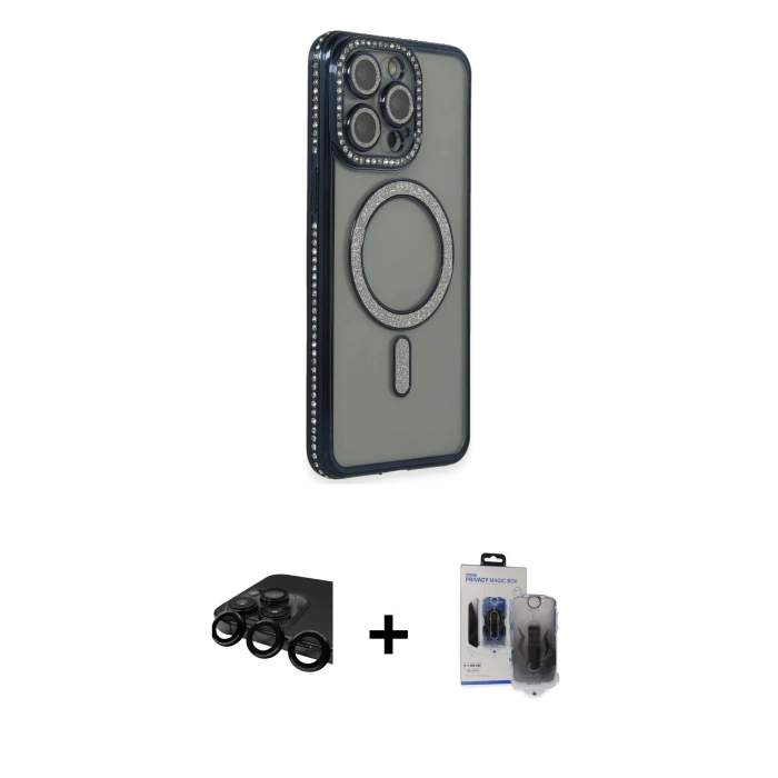 MARSİLYAN™- iPhone 15 Pro Max Kılıf Zirve Doku Prime - Siyah Vanessa Magic Hayalet Cam + Raze Metal Kamera Lens - SH
