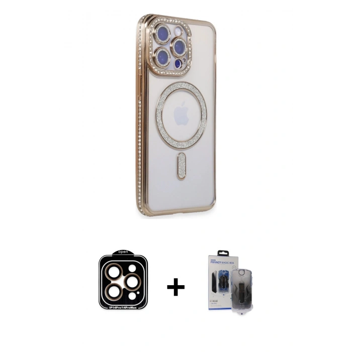 MARSİLYAN™- iPhone 15 Pro Max Kılıf Zirve Doku Prime - Siyah Vanessa Magic Hayalet Cam + Turuncu PVD Metal Kamera Lens