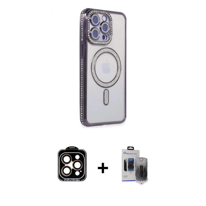 MARSİLYAN™- iPhone 15 Pro Max Kılıf Zirve Doku Prime - Siyah Vanessa Magic Hayalet Cam + Turuncu PVD Metal Kamera Lens