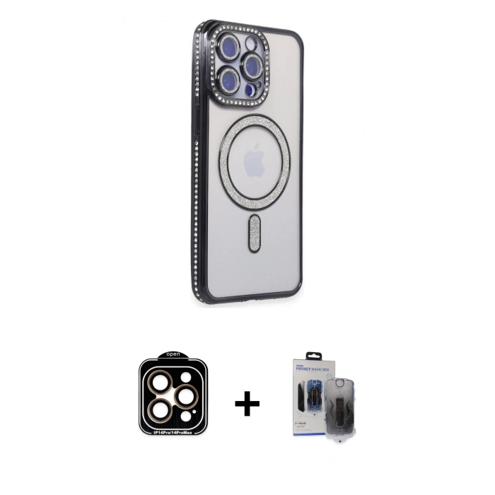 MARSİLYAN™- iPhone 15 Pro Max Kılıf Zirve Doku Prime - Siyah Vanessa Magic Hayalet Cam + Turuncu PVD Metal Kamera Lens