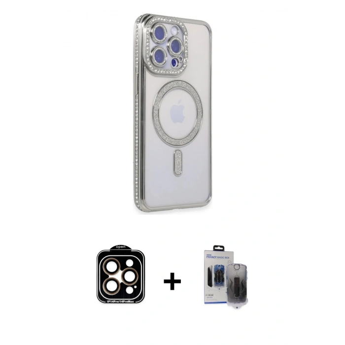 MARSİLYAN™- iPhone 15 Pro Max Kılıf Zirve Doku Prime - Siyah Vanessa Magic Hayalet Cam + Turuncu PVD Metal Kamera Lens
