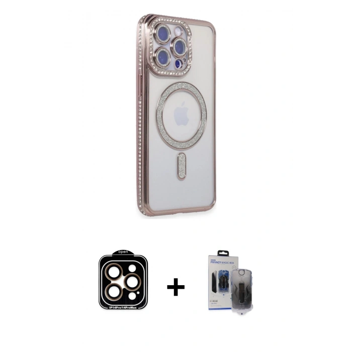 MARSİLYAN™- iPhone 15 Pro Max Kılıf Zirve Doku Prime - Siyah Vanessa Magic Hayalet Cam + Turuncu PVD Metal Kamera Lens