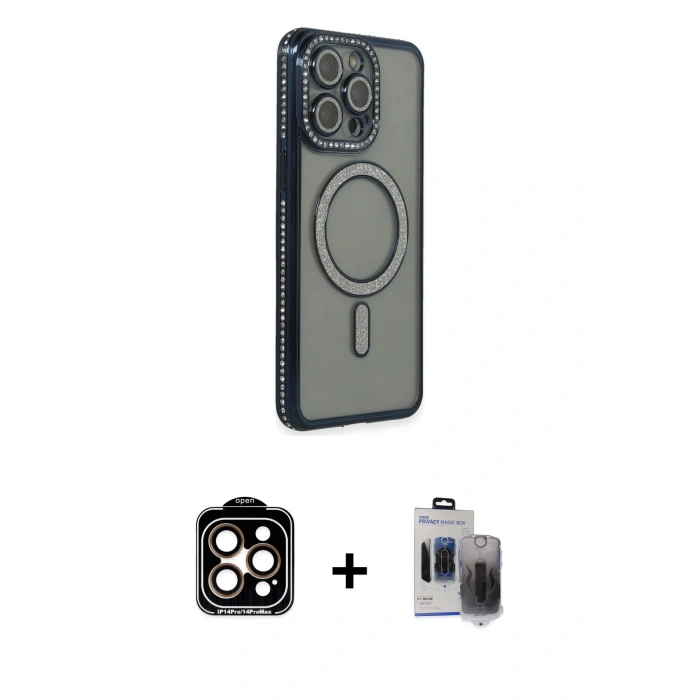 MARSİLYAN™- iPhone 15 Pro Max Kılıf Zirve Doku Prime - Siyah Vanessa Magic Hayalet Cam + Turuncu PVD Metal Kamera Lens