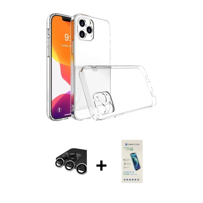 MARSİLYAN™- iPhone 15 Pro Max Kılıf Zirve Doku - Şeffaf Pasifik Cam Ekran Koruyucu + Raze Metal Kamera Lens - GS