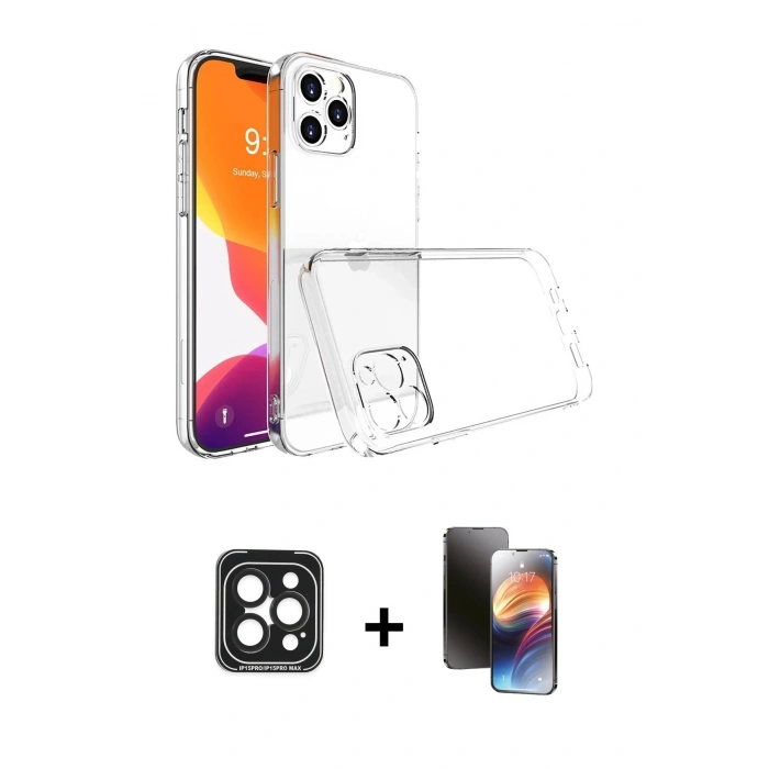 MARSİLYAN™- iPhone 15 Pro Max Kılıf Zirve Doku - Siyah 3D Antistatik Mat Seramik Nano Ekran Koruyucu + PVD Metal Kamera Lens - SH