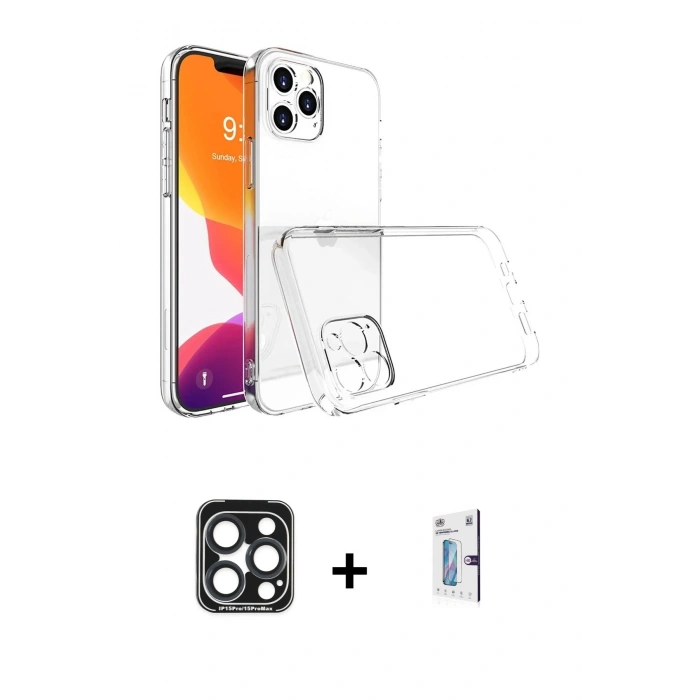 MARSİLYAN™- iPhone 15 Pro Max Kılıf Zirve Doku - Siyah Bilvis 0.18mm Plus Cam Ekran Koruyucu + Lacivert PVD Metal Kamera Lens