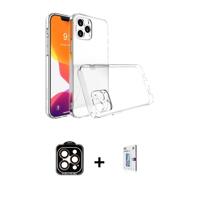 MARSİLYAN™- iPhone 15 Pro Max Kılıf Zirve Doku - Siyah Bilvis 0.18mm Plus Cam Ekran Koruyucu + Turuncu PVD Metal Kamera Lens
