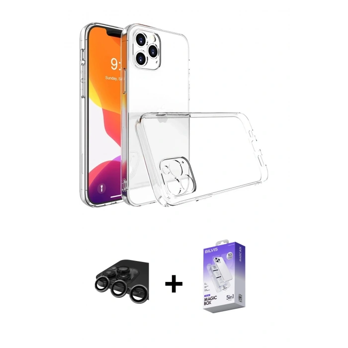 MARSİLYAN™- iPhone 15 Pro Max Kılıf Zirve Doku - Siyah Bilvis 5in1 3D Magic Cam Ekran Koruyucu + Raze Metal Kamera Lens - TMGI