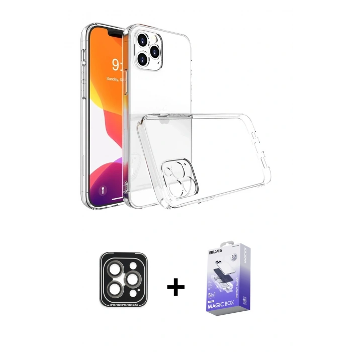 MARSİLYAN™- iPhone 15 Pro Max Kılıf Zirve Doku - Siyah Bilvis 5in1 5D Magic Hayalet Cam Ekran Koruyucu + PVD Metal Kamera Lens - GI