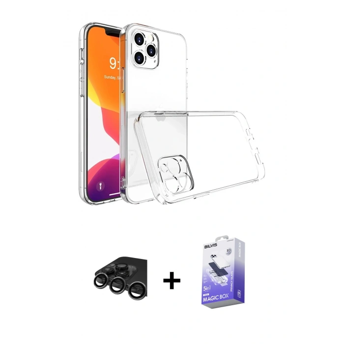 MARSİLYAN™- iPhone 15 Pro Max Kılıf Zirve Doku - Siyah Bilvis 5in1 5D Magic Hayalet Cam Ekran Koruyucu + Raze Metal Kamera Lens - TMGI