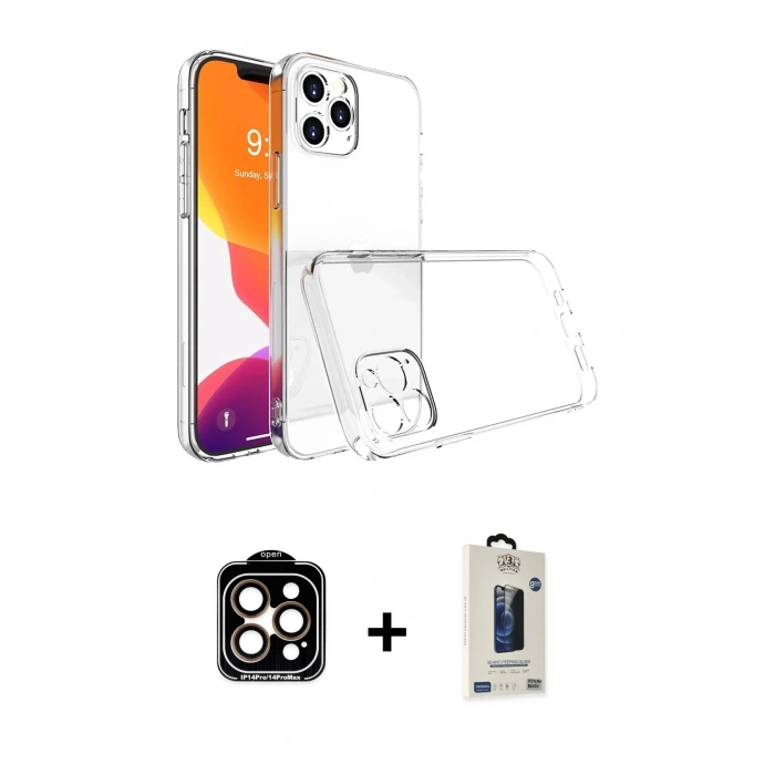 MARSİLYAN™- iPhone 15 Pro Max Kılıf Zirve Doku - Siyah Bilvis Hayalet Cam Ekran Koruyucu + PVD Metal Kamera Lens - TU