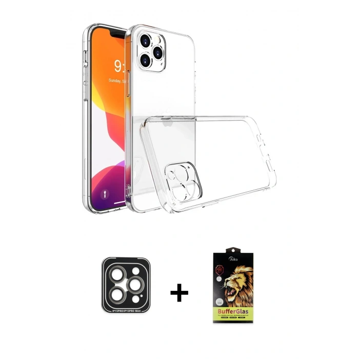 MARSİLYAN™- iPhone 15 Pro Max Kılıf Zirve Doku - Siyah Buffer Cam Ekran Koruyucu + PVD Metal Kamera Lens - GI