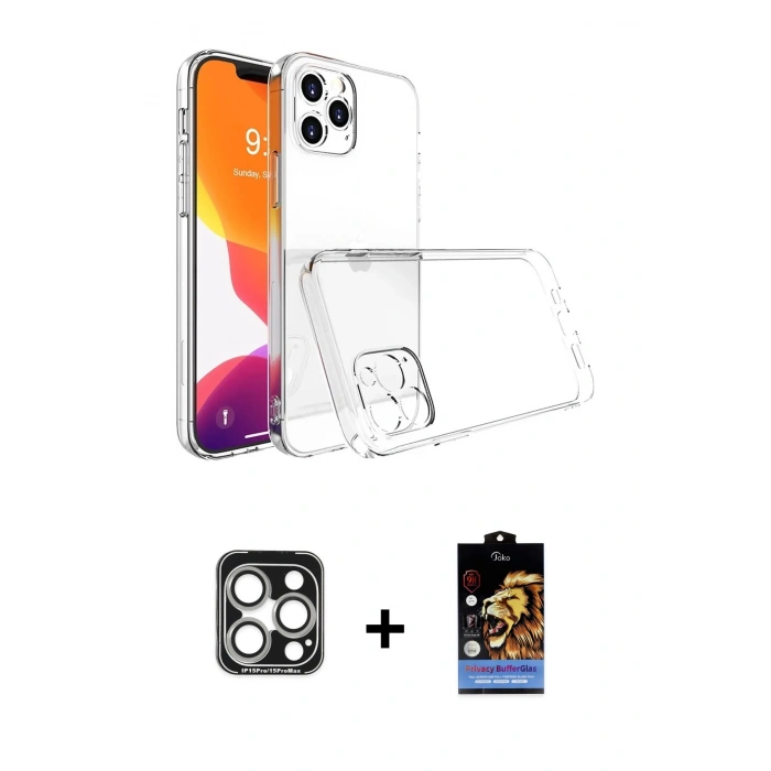 MARSİLYAN™- iPhone 15 Pro Max Kılıf Zirve Doku - Siyah Buffer Hayalet Cam Ekran Koruyucu + Gümüş PVD Metal Kamera Lens