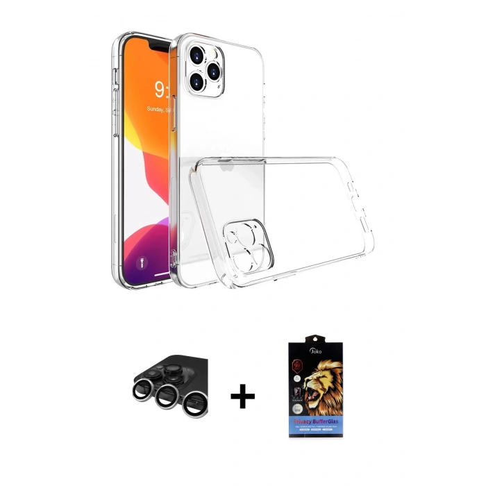 MARSİLYAN™- iPhone 15 Pro Max Kılıf Zirve Doku - Siyah Buffer Hayalet Cam Ekran Koruyucu + Raze Metal Kamera Lens - GS