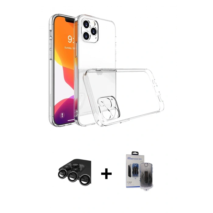 MARSİLYAN™- iPhone 15 Pro Max Kılıf Zirve Doku - Siyah Vanessa Magic Hayalet Cam + Raze Metal Kamera Lens - TMGI