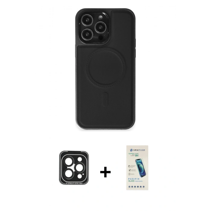 MARSİLYAN™- iPhone 15 Pro Max Kılıf Zirve Işık Serisi - Şeffaf Pasifik Cam Ekran Koruyucu + PVD Metal Kamera Lens - SH