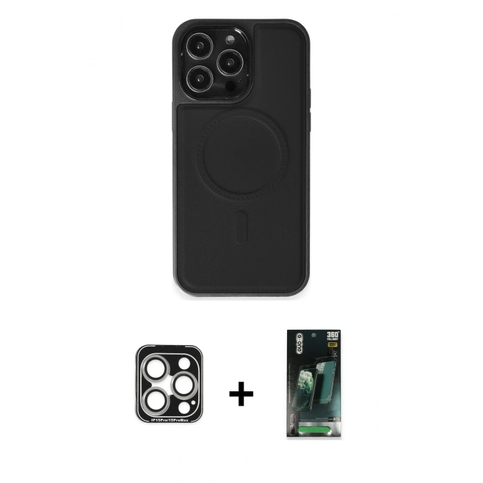 MARSİLYAN™- iPhone 15 Pro Max Kılıf Zirve Işık Serisi - Siyah 360 Mat Full Body Arka Koruyucu + PVD Metal Kamera Lens - GS