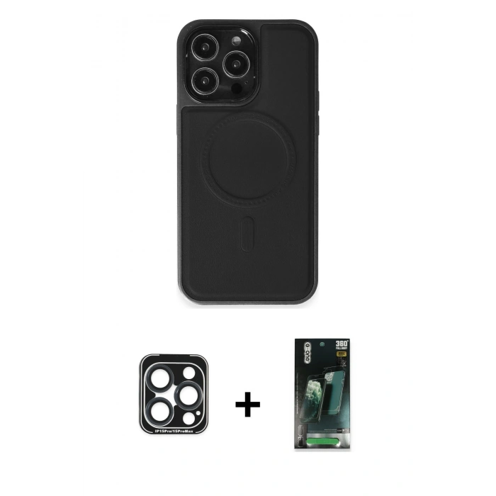MARSİLYAN™- iPhone 15 Pro Max Kılıf Zirve Işık Serisi - Siyah 360 Mat Full Body Arka Koruyucu + PVD Metal Kamera Lens - LT
