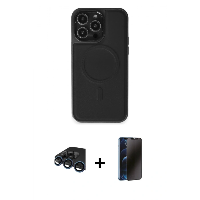 MARSİLYAN™- iPhone 15 Pro Max Kılıf Zirve Işık Serisi - Siyah 3D Antistatik Hayalet Cam Ekran Koruyucu + Raze Metal Kamera Lens - LT