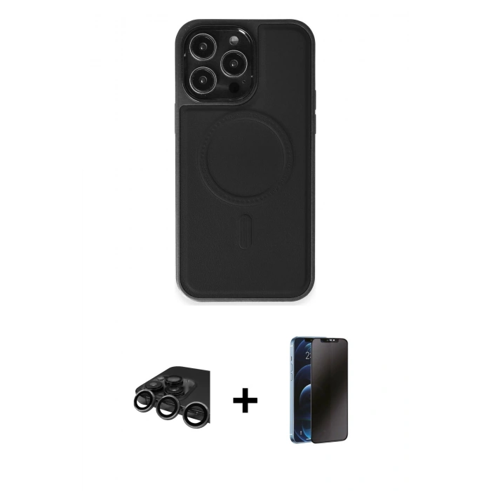 MARSİLYAN™- iPhone 15 Pro Max Kılıf Zirve Işık Serisi - Siyah 3D Antistatik Hayalet Cam Ekran Koruyucu + Raze Metal Kamera Lens - TMGI