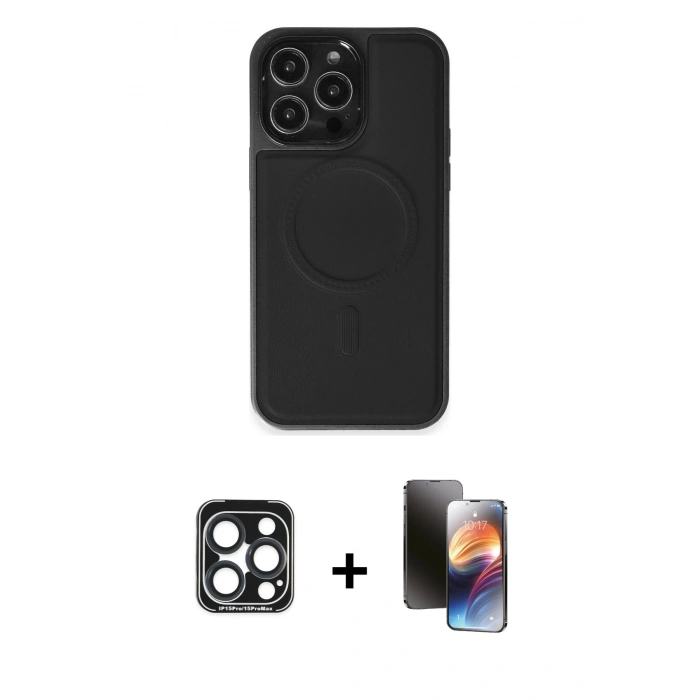 MARSİLYAN™- iPhone 15 Pro Max Kılıf Zirve Işık Serisi - Siyah 3D Antistatik Mat Seramik Nano Ekran Koruyucu + Lacivert PVD Metal Kamera Lens