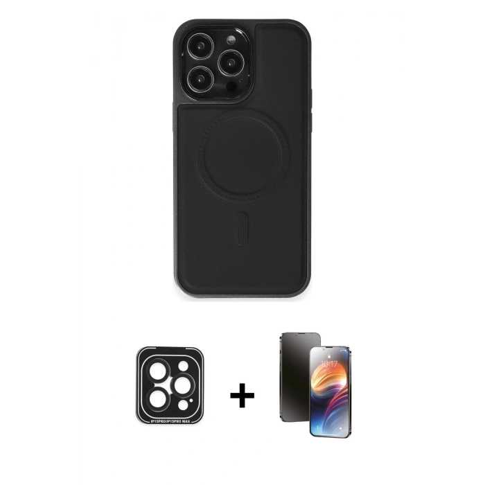 MARSİLYAN™- iPhone 15 Pro Max Kılıf Zirve Işık Serisi - Siyah 3D Antistatik Mat Seramik Nano Ekran Koruyucu + Siyah PVD Metal Kamera Lens