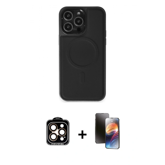 MARSİLYAN™- iPhone 15 Pro Max Kılıf Zirve Işık Serisi - Siyah 3D Antistatik Mat Seramik Nano Ekran Koruyucu + PVD Metal Kamera Lens - TU