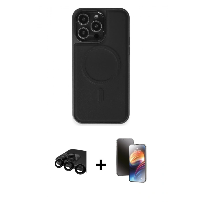 MARSİLYAN™- iPhone 15 Pro Max Kılıf Zirve Işık Serisi - Siyah 3D Antistatik Mat Seramik Nano Ekran Koruyucu + Siyah Raze Metal Kamera Lens